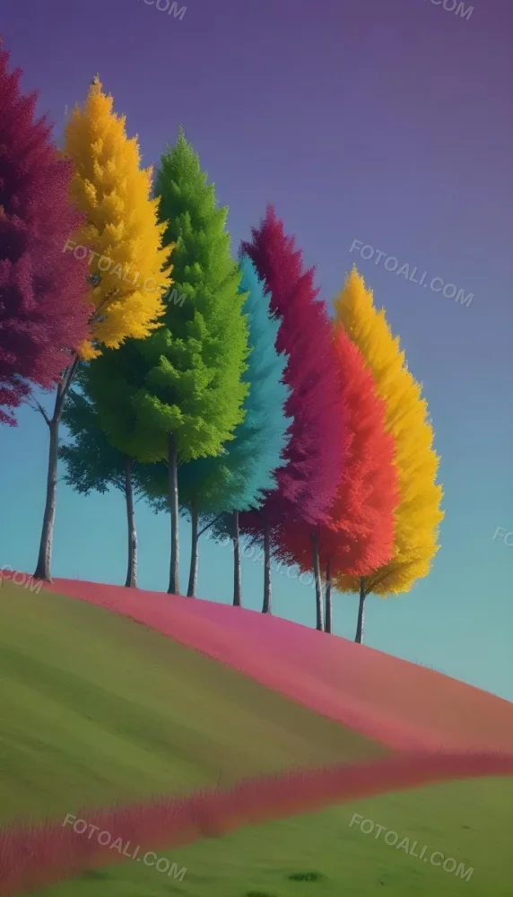 A Row Of Trees With Different Colored Leaves Blue Green Yellow And Red On A Green Grass Hill Clear Purple Sky 33 F8fb