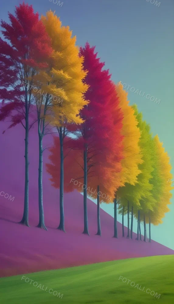 A Row Of Trees With Different Colored Leaves Blue Green Yellow And Red On A Green Grass Hill Clear Purple Sky 34 879d