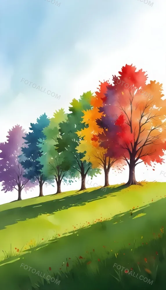 A Row Of Trees With Different Colored Leaves Blue Green Yellow And Red On A Green Grass Hill Clear Purple Sky 5 25fe
