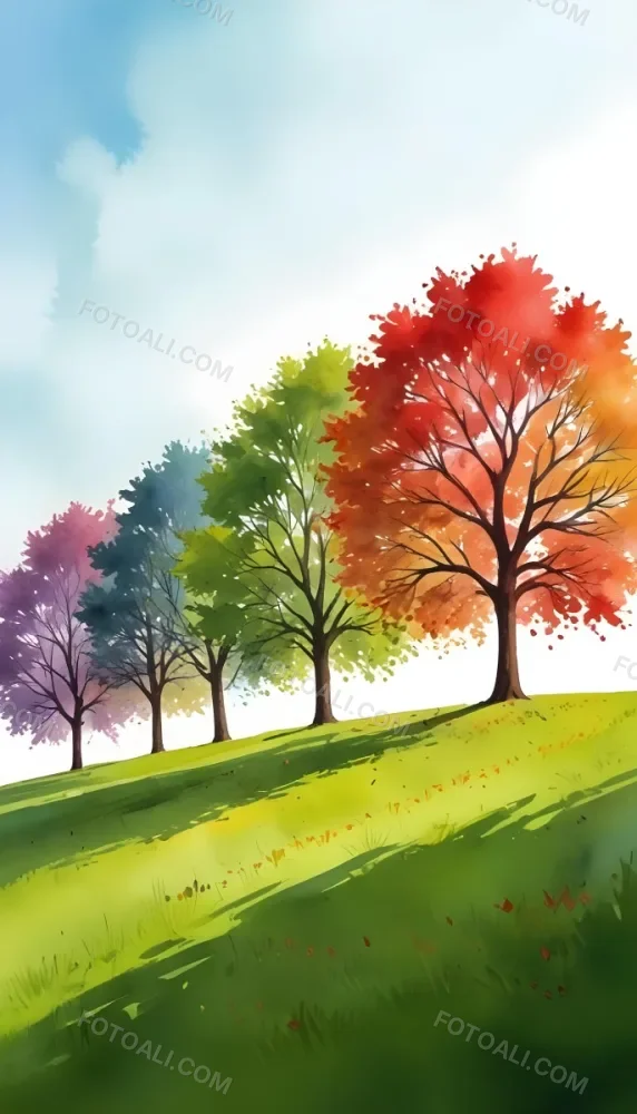 A Row Of Trees With Different Colored Leaves Blue Green Yellow And Red On A Green Grass Hill Clear Purple Sky 7 0b72