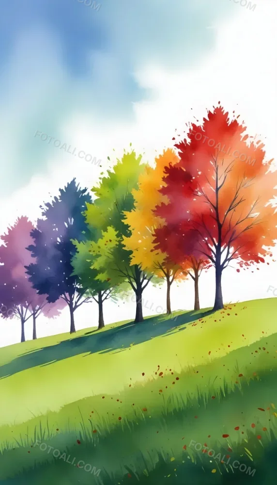 A Row Of Trees With Different Colored Leaves Blue Green Yellow And Red On A Green Grass Hill Clear Purple Sky 8 3205