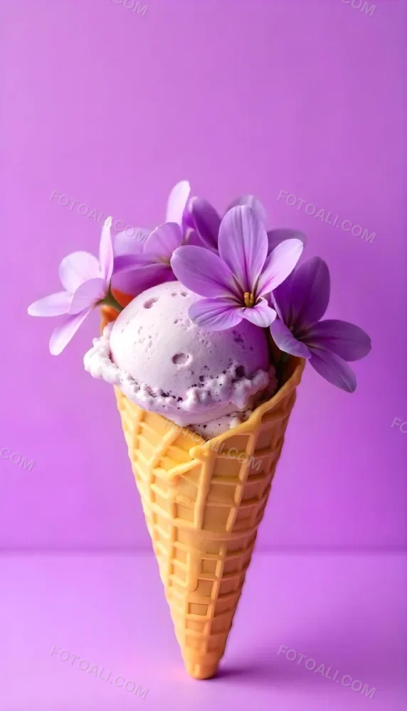 A Scoop Of Purple Ice Cream In A Waffle Cone Topped With Fresh Purple Flowers 1 5a03