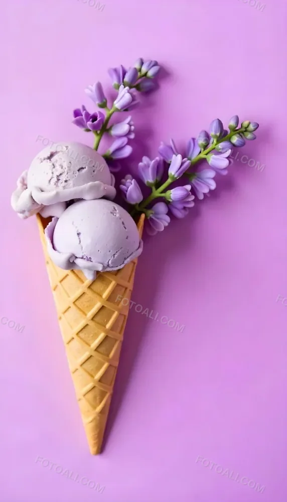 A Scoop Of Purple Ice Cream In A Waffle Cone Topped With Fresh Purple Flowers 10 B487