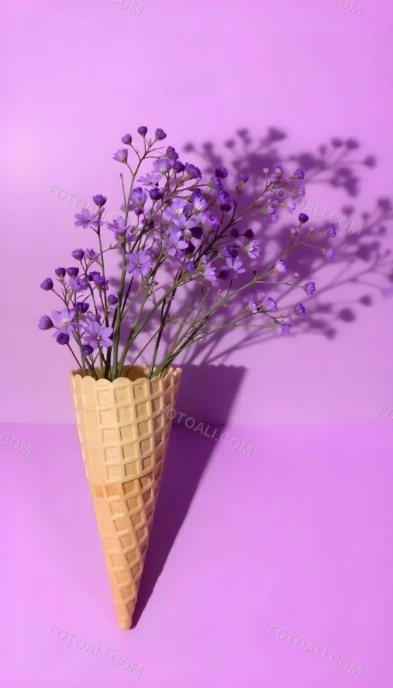 A Scoop Of Purple Ice Cream In A Waffle Cone Topped With Fresh Purple Flowers 19 672a
