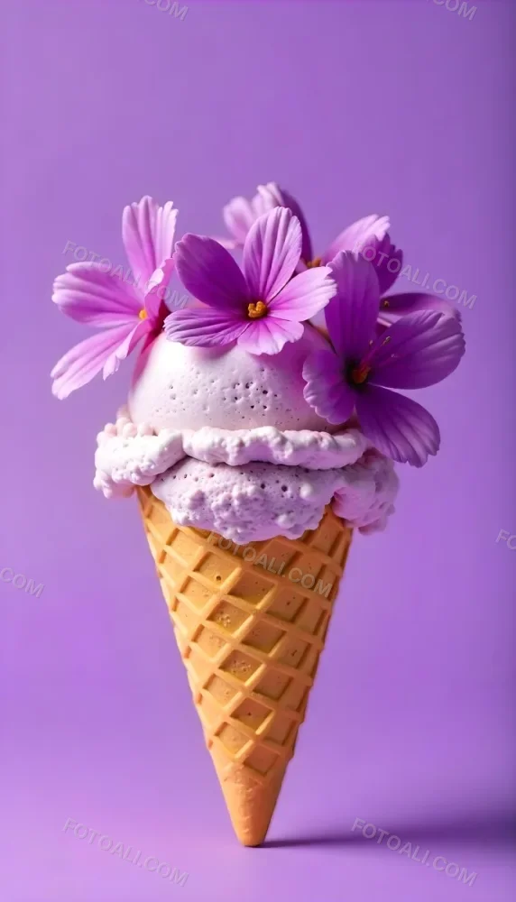 A Scoop Of Purple Ice Cream In A Waffle Cone Topped With Fresh Purple Flowers 2 564b