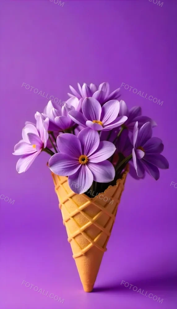 A Scoop Of Purple Ice Cream In A Waffle Cone Topped With Fresh Purple Flowers 4 A974