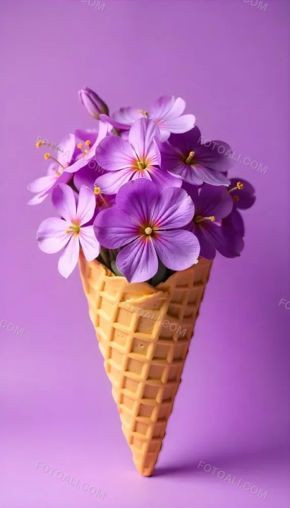 A Scoop Of Purple Ice Cream In A Waffle Cone Topped With Fresh Purple Flowers 5 0291