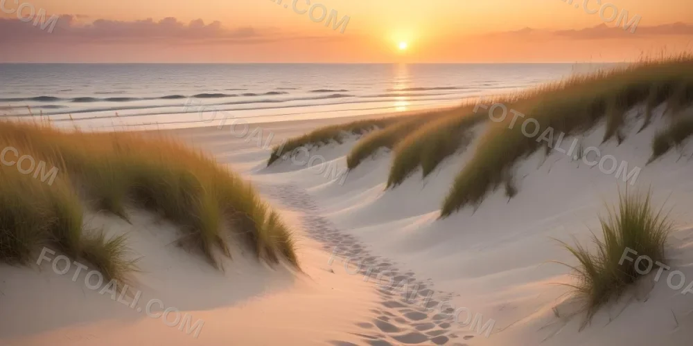 A Serene Beach Scene At Sunset With Soft Sand Dunes Covered In Tall Grass Leading Down To The Calm Ocean Waters The Sun Is Setting On The Horizon Casting A Warm Golden Glow Across The Scene 10 Ac79