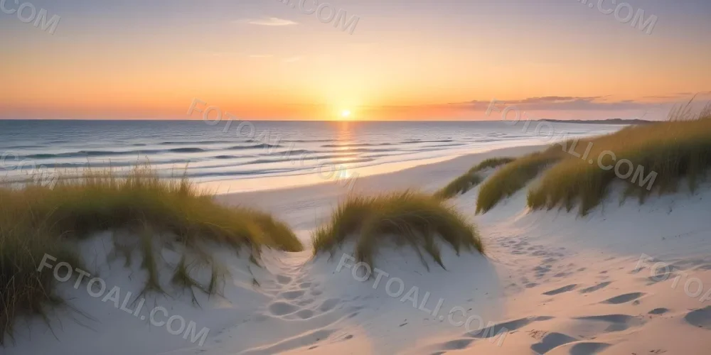 A Serene Beach Scene At Sunset With Soft Sand Dunes Covered In Tall Grass Leading Down To The Calm Ocean Waters The Sun Is Setting On The Horizon Casting A Warm Golden Glow Across The Scene 11 15c8