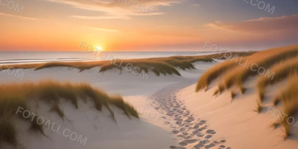 A Serene Beach Scene At Sunset With Soft Sand Dunes Covered In Tall Grass Leading Down To The Calm Ocean Waters The Sun Is Setting On The Horizon Casting A Warm Golden Glow Across The Scene 12 A58b