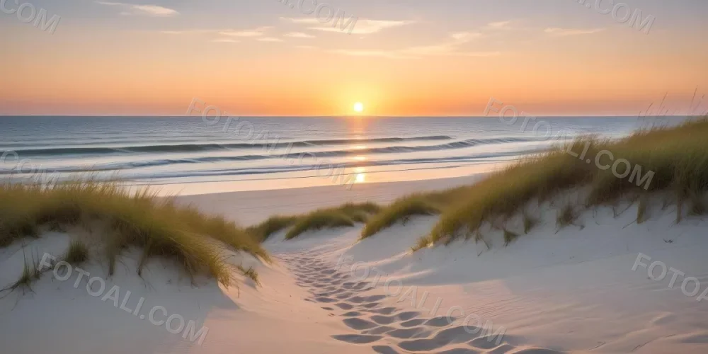 A Serene Beach Scene At Sunset With Soft Sand Dunes Covered In Tall Grass Leading Down To The Calm Ocean Waters The Sun Is Setting On The Horizon Casting A Warm Golden Glow Across The Scene 14 2928