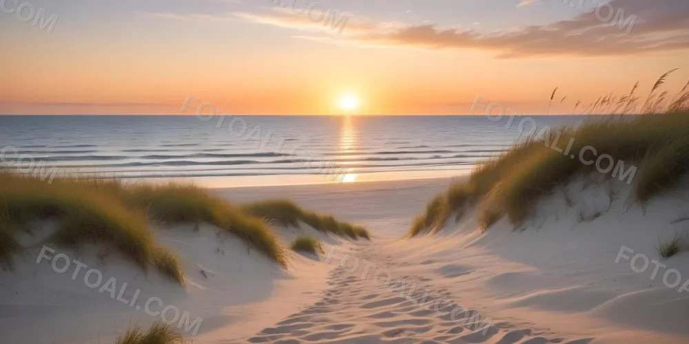 A Serene Beach Scene At Sunset With Soft Sand Dunes Covered In Tall Grass Leading Down To The Calm Ocean Waters The Sun Is Setting On The Horizon Casting A Warm Golden Glow Across The Scene 16 A515