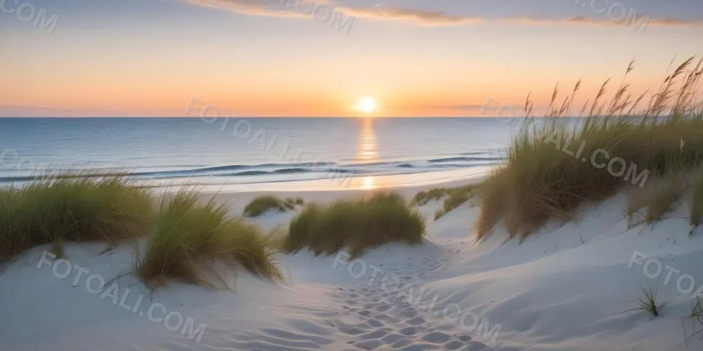 A Serene Beach Scene At Sunset With Soft Sand Dunes Covered In Tall Grass Leading Down To The Calm Ocean Waters The Sun Is Setting On The Horizon Casting A Warm Golden Glow Across The Scene 2 B006