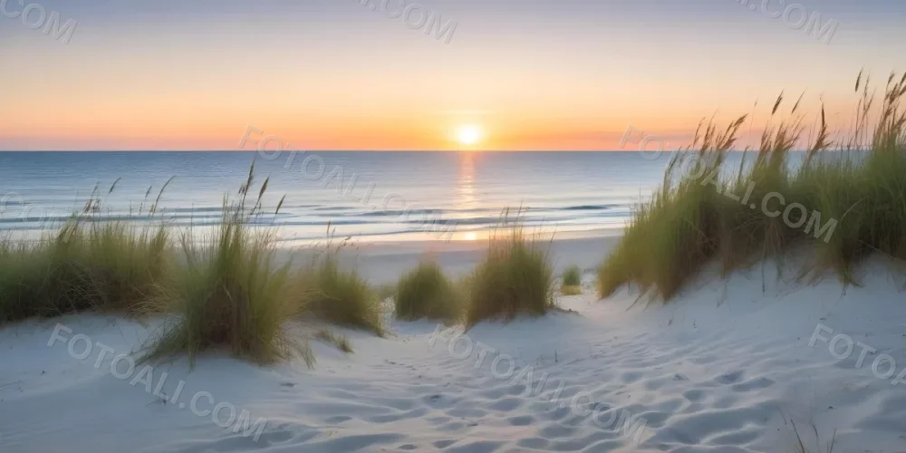 A Serene Beach Scene At Sunset With Soft Sand Dunes Covered In Tall Grass Leading Down To The Calm Ocean Waters The Sun Is Setting On The Horizon Casting A Warm Golden Glow Across The Scene 3 Ac91