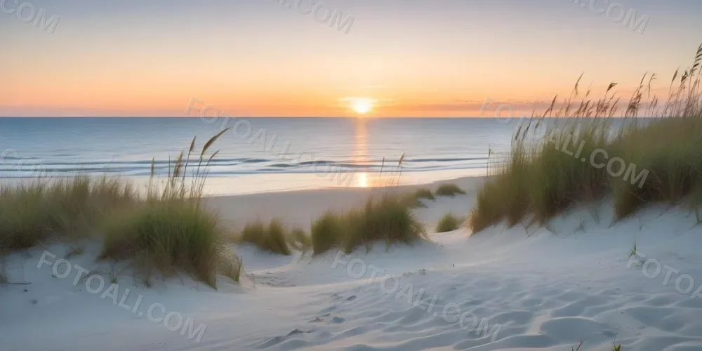 A Serene Beach Scene At Sunset With Soft Sand Dunes Covered In Tall Grass Leading Down To The Calm Ocean Waters The Sun Is Setting On The Horizon Casting A Warm Golden Glow Across The Scene 4 Bfdc