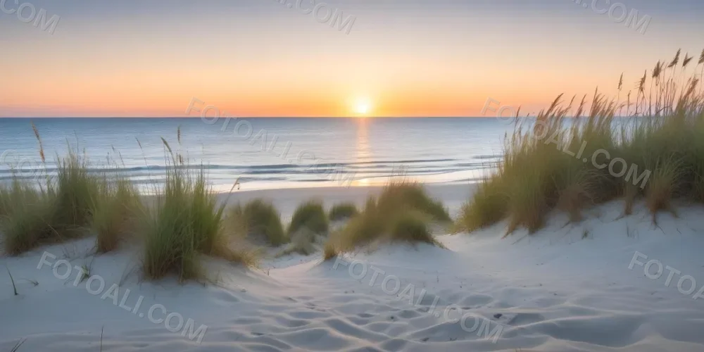 A Serene Beach Scene At Sunset With Soft Sand Dunes Covered In Tall Grass Leading Down To The Calm Ocean Waters The Sun Is Setting On The Horizon Casting A Warm Golden Glow Across The Scene 5 Dba7