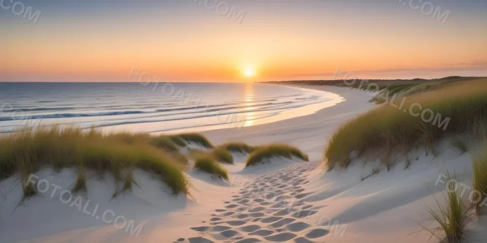 A Serene Beach Scene At Sunset With Soft Sand Dunes Covered In Tall Grass Leading Down To The Calm Ocean Waters The Sun Is Setting On The Horizon Casting A Warm Golden Glow Across The Scene 6 04ac