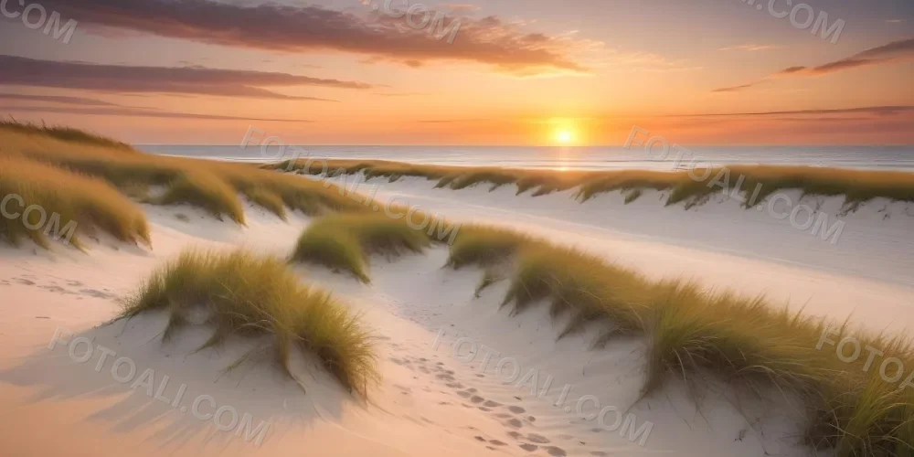 A Serene Beach Scene At Sunset With Soft Sand Dunes Covered In Tall Grass Leading Down To The Calm Ocean Waters The Sun Is Setting On The Horizon Casting A Warm Golden Glow Across The Scene 7 4e47