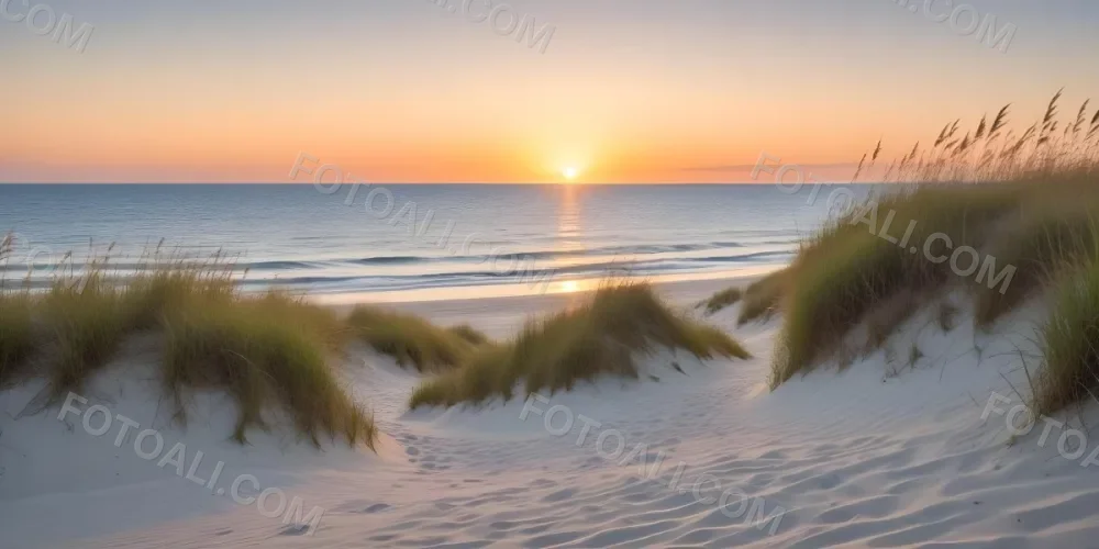 A Serene Beach Scene At Sunset With Soft Sand Dunes Covered In Tall Grass Leading Down To The Calm Ocean Waters The Sun Is Setting On The Horizon Casting A Warm Golden Glow Across The Scene 8 917d