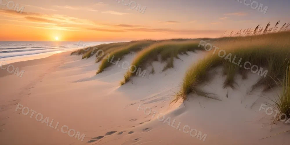 A Serene Beach Scene At Sunset With Soft Sand Dunes Covered In Tall Grass Leading Down To The Calm Ocean Waters The Sun Is Setting On The Horizon Casting A Warm Golden Glow Across The Scene 9 0392