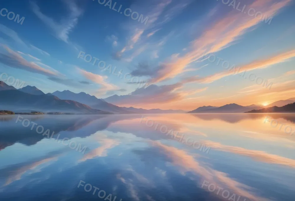 A Serene Landscape With A Calm Body Of Water Reflecting The Colorful Sky At Sunset The Sky Is Filled With Wispy Clouds In Shades Of Blue Creating A Beautiful And Peaceful Scene With Mountains In The Background 1 7276