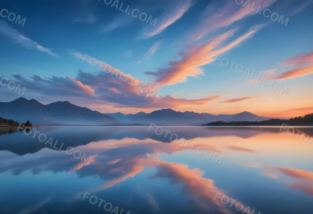A Serene Landscape With A Calm Body Of Water Reflecting The Colorful Sky At Sunset The Sky Is Filled With Wispy Clouds In Shades Of Blue Creating A Beautiful And Peaceful Scene With Mountains In The Background 10 2772
