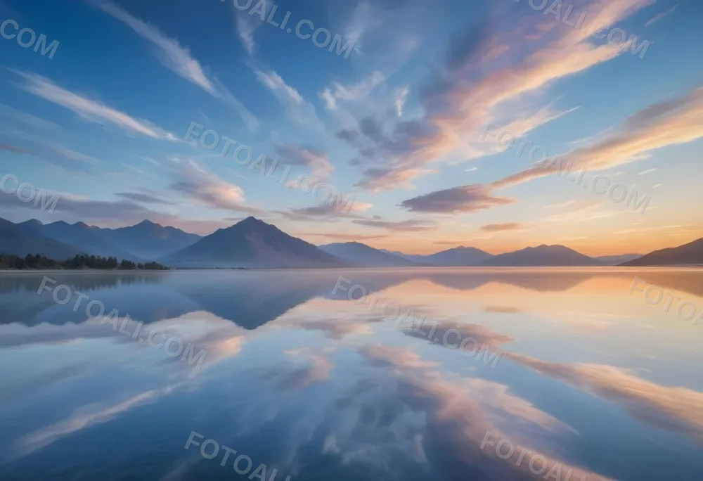 A Serene Landscape With A Calm Body Of Water Reflecting The Colorful Sky At Sunset The Sky Is Filled With Wispy Clouds In Shades Of Blue Creating A Beautiful And Peaceful Scene With Mountains In The Background 11 6af9