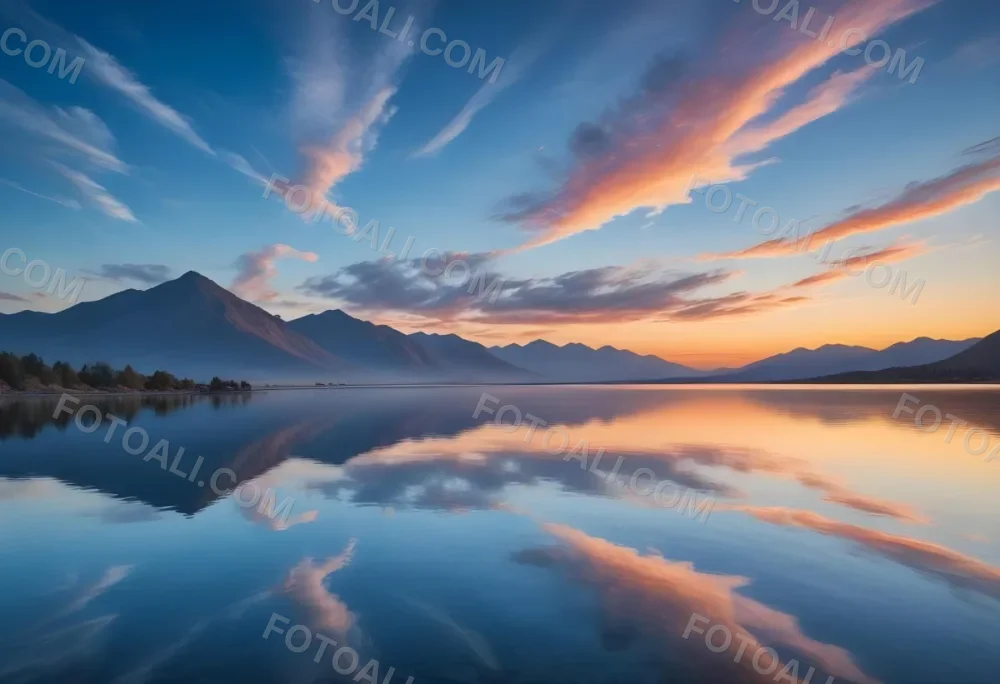 A Serene Landscape With A Calm Body Of Water Reflecting The Colorful Sky At Sunset The Sky Is Filled With Wispy Clouds In Shades Of Blue Creating A Beautiful And Peaceful Scene With Mountains In The Background 12 C287