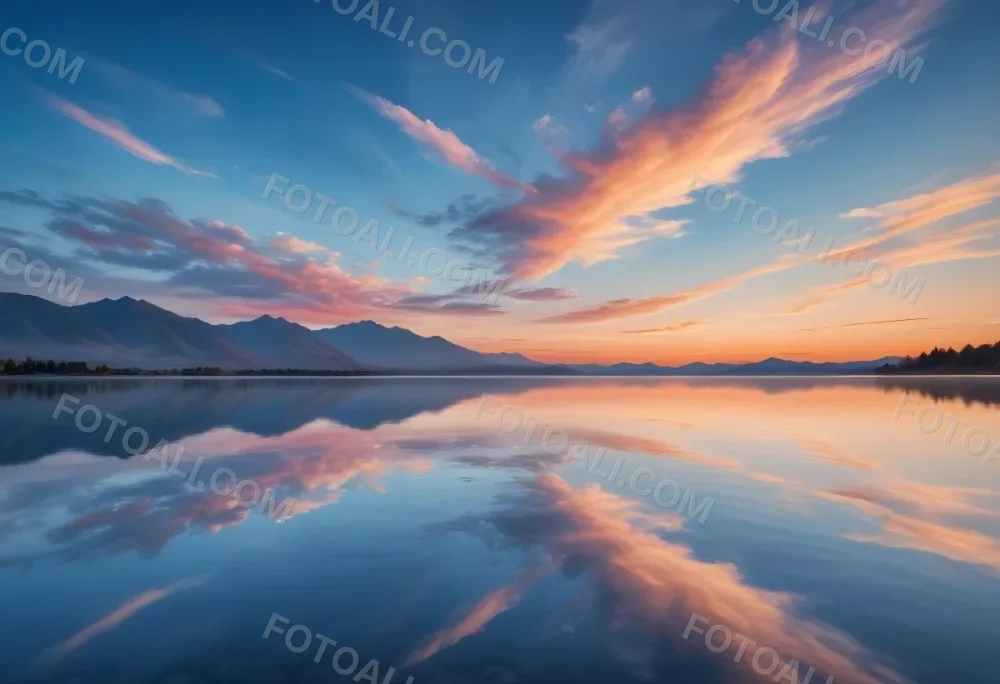 A Serene Landscape With A Calm Body Of Water Reflecting The Colorful Sky At Sunset The Sky Is Filled With Wispy Clouds In Shades Of Blue Creating A Beautiful And Peaceful Scene With Mountains In The Background 13 09f0