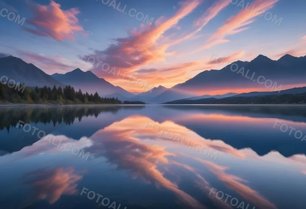 A Serene Landscape With A Calm Body Of Water Reflecting The Colorful Sky At Sunset The Sky Is Filled With Wispy Clouds In Shades Of Blue Creating A Beautiful And Peaceful Scene With Mountains In The Background 14 E134