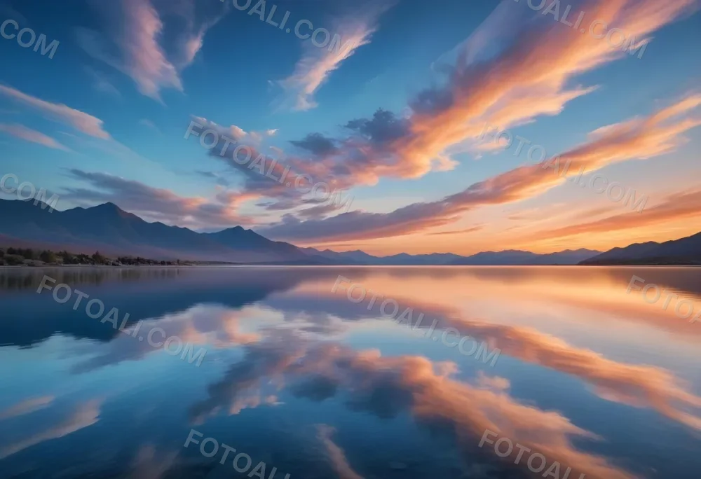 A Serene Landscape With A Calm Body Of Water Reflecting The Colorful Sky At Sunset The Sky Is Filled With Wispy Clouds In Shades Of Blue Creating A Beautiful And Peaceful Scene With Mountains In The Background 16 6e5c