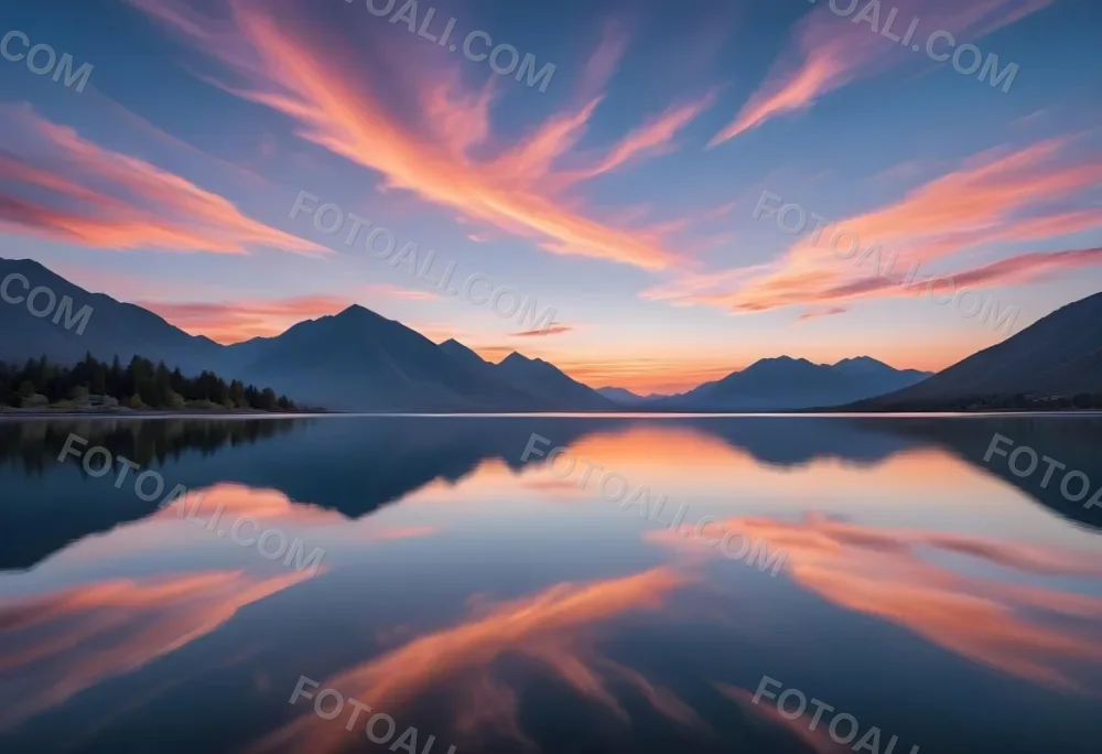 A Serene Landscape With A Calm Body Of Water Reflecting The Colorful Sky At Sunset The Sky Is Filled With Wispy Clouds In Shades Of Blue Creating A Beautiful And Peaceful Scene With Mountains In The Background 3 A086