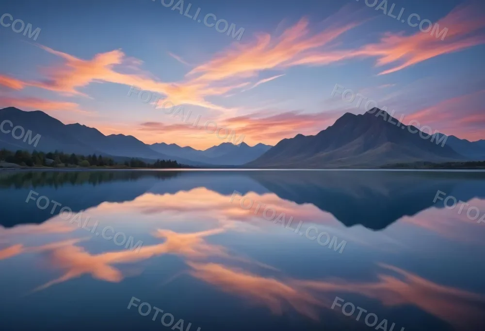 A Serene Landscape With A Calm Body Of Water Reflecting The Colorful Sky At Sunset The Sky Is Filled With Wispy Clouds In Shades Of Blue Creating A Beautiful And Peaceful Scene With Mountains In The Background 4 4779