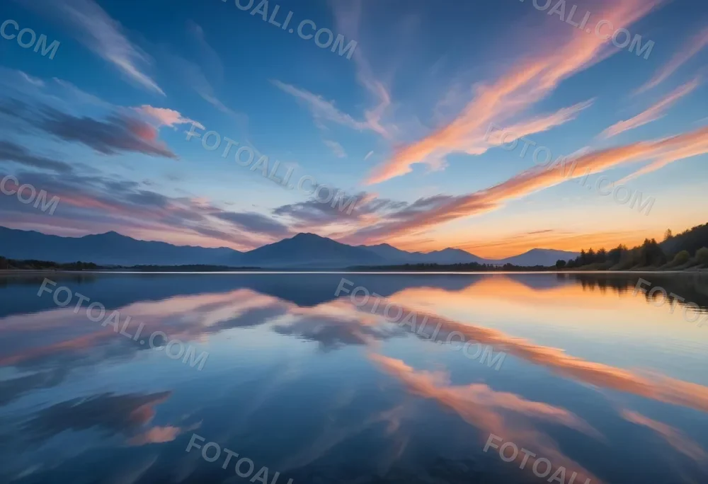A Serene Landscape With A Calm Body Of Water Reflecting The Colorful Sky At Sunset The Sky Is Filled With Wispy Clouds In Shades Of Blue Creating A Beautiful And Peaceful Scene With Mountains In The Background 7 8ae1