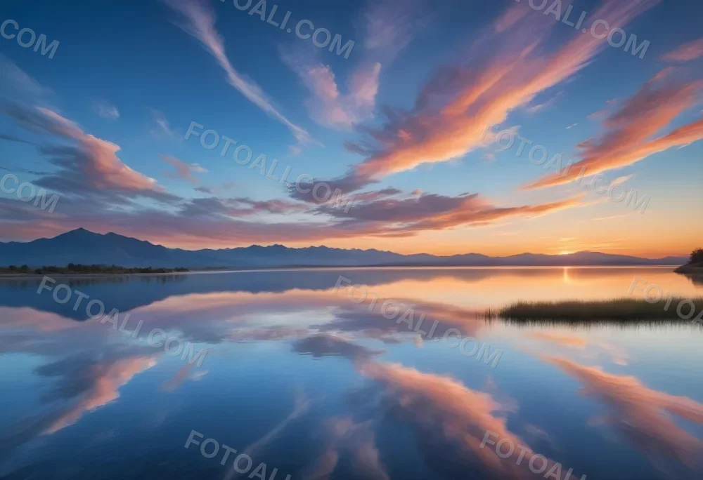 A Serene Landscape With A Calm Body Of Water Reflecting The Colorful Sky At Sunset The Sky Is Filled With Wispy Clouds In Shades Of Blue Creating A Beautiful And Peaceful Scene With Mountains In The Background 8 3ef3