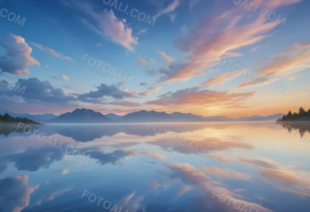A Serene Landscape With A Calm Body Of Water Reflecting The Colorful Sky At Sunset The Sky Is Filled With Wispy Clouds In Shades Of Blue Creating A Beautiful And Peaceful Scene With Mountains In The Background 9 8ae9