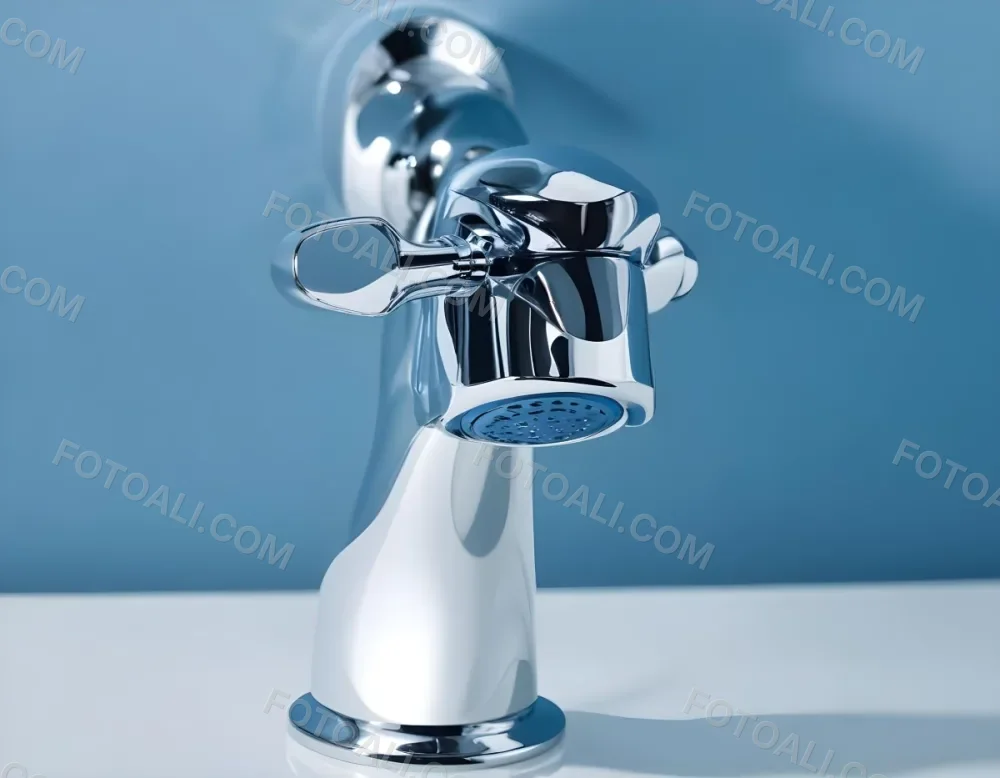 A Shiny Chrome Faucet With A Lever Handle Positioned On A White Countertop Set Against A Plain Blue Wall Showcasing A Modern Bathroom Fixture 10 5092