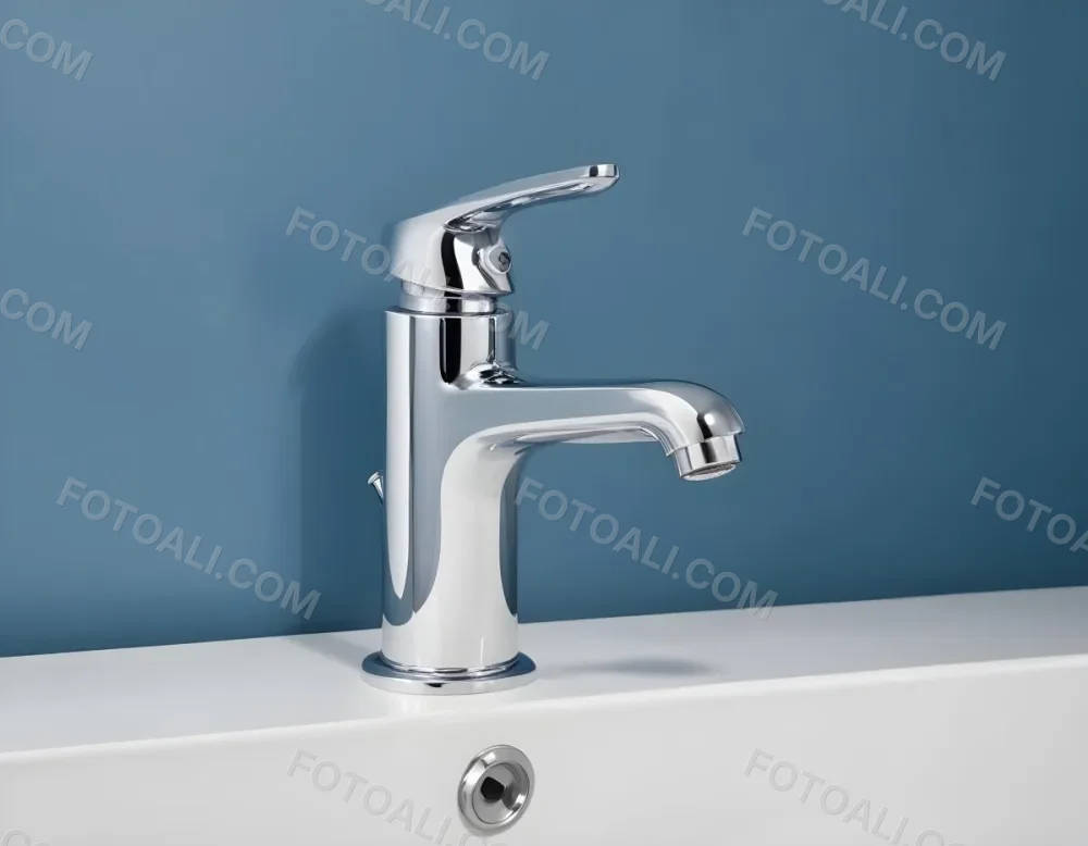 A Shiny Chrome Faucet With A Lever Handle Positioned On A White Countertop Set Against A Plain Blue Wall Showcasing A Modern Bathroom Fixture 13 B6a2
