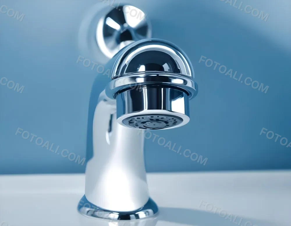 A Shiny Chrome Faucet With A Lever Handle Positioned On A White Countertop Set Against A Plain Blue Wall Showcasing A Modern Bathroom Fixture 14 B973