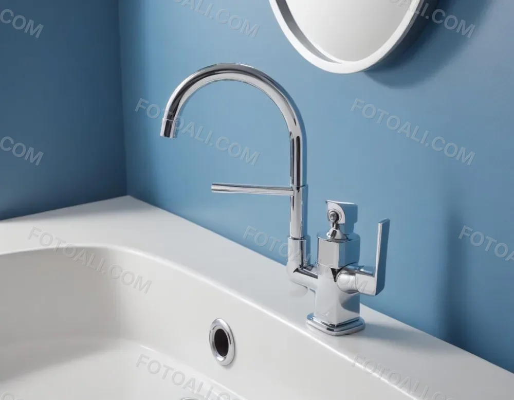 A Shiny Chrome Faucet With A Lever Handle Positioned On A White Countertop Set Against A Plain Blue Wall Showcasing A Modern Bathroom Fixture 16 44d1