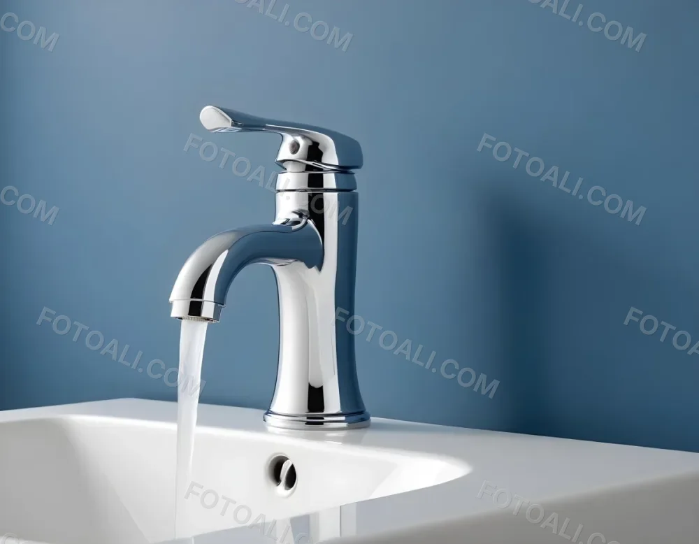 A Shiny Chrome Faucet With A Lever Handle Positioned On A White Countertop Set Against A Plain Blue Wall Showcasing A Modern Bathroom Fixture 2 C663