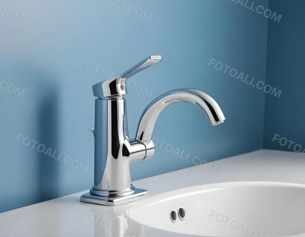 A Shiny Chrome Faucet With A Lever Handle Positioned On A White Countertop Set Against A Plain Blue Wall Showcasing A Modern Bathroom Fixture 20 2ac6