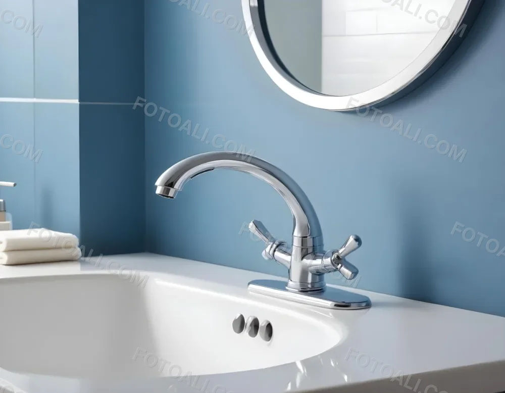 A Shiny Chrome Faucet With A Lever Handle Positioned On A White Countertop Set Against A Plain Blue Wall Showcasing A Modern Bathroom Fixture 21 38e8
