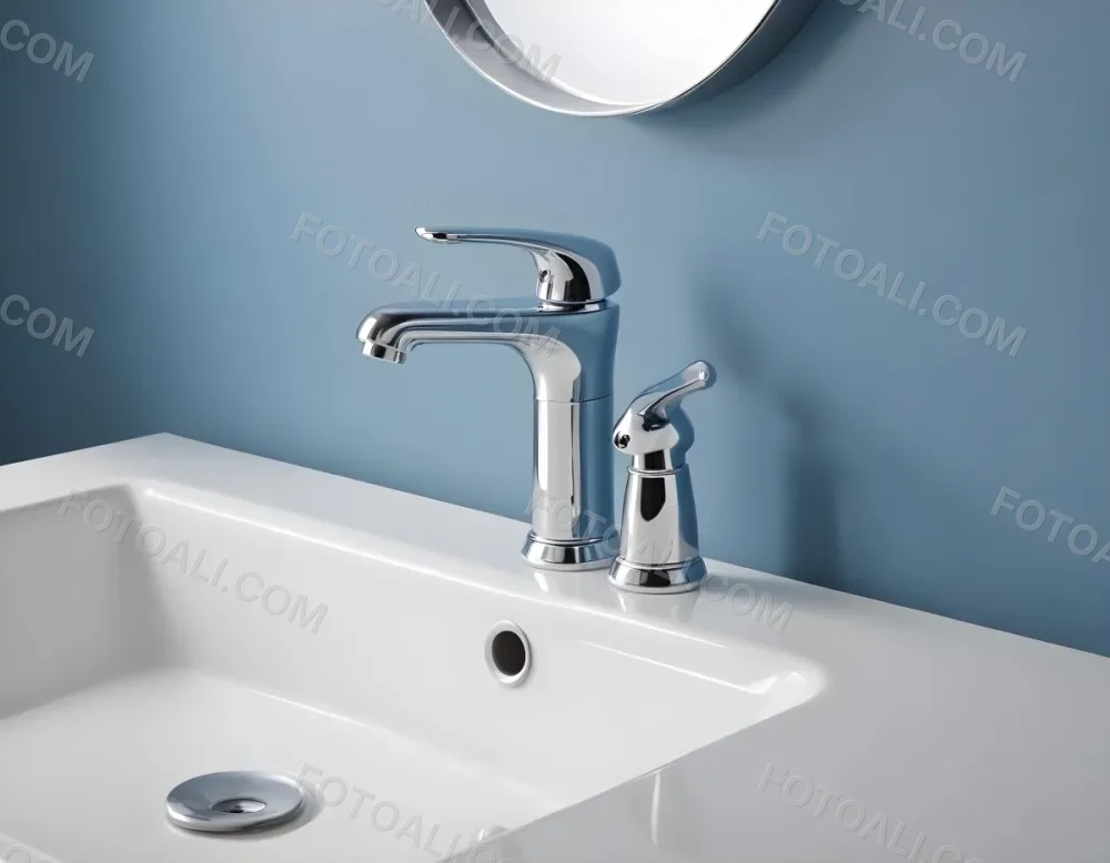 A Shiny Chrome Faucet With A Lever Handle Positioned On A White Countertop Set Against A Plain Blue Wall Showcasing A Modern Bathroom Fixture 23 B850