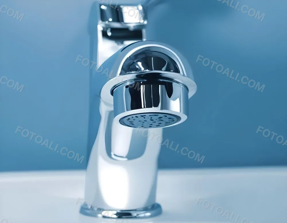 A Shiny Chrome Faucet With A Lever Handle Positioned On A White Countertop Set Against A Plain Blue Wall Showcasing A Modern Bathroom Fixture 8 Ab0a