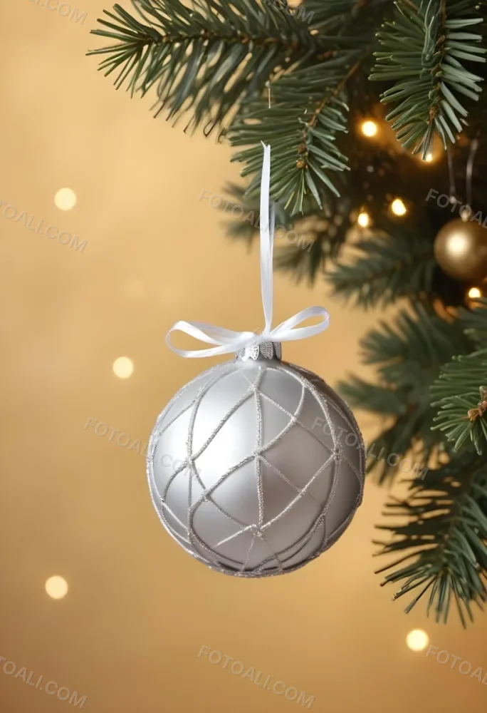 A Silver Christmas Ball Ornament With A White Top And A White String Isolated On A Golden Background 17 3741