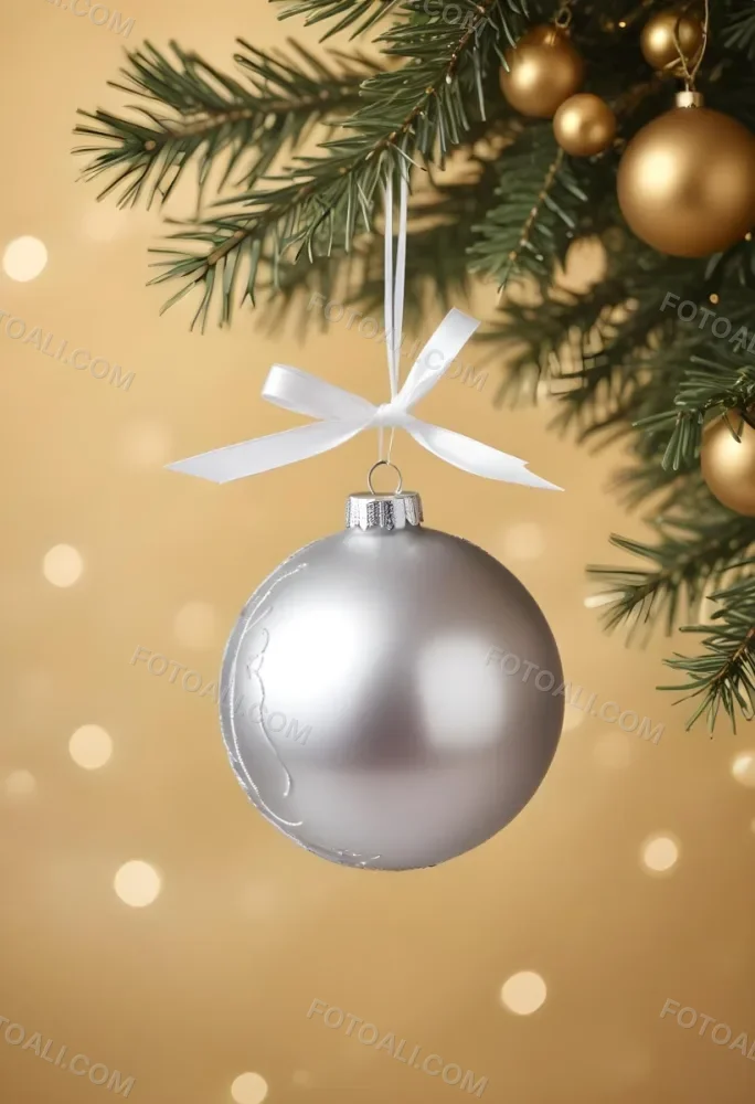 A Silver Christmas Ball Ornament With A White Top And A White String Isolated On A Golden Background 27 C5aa