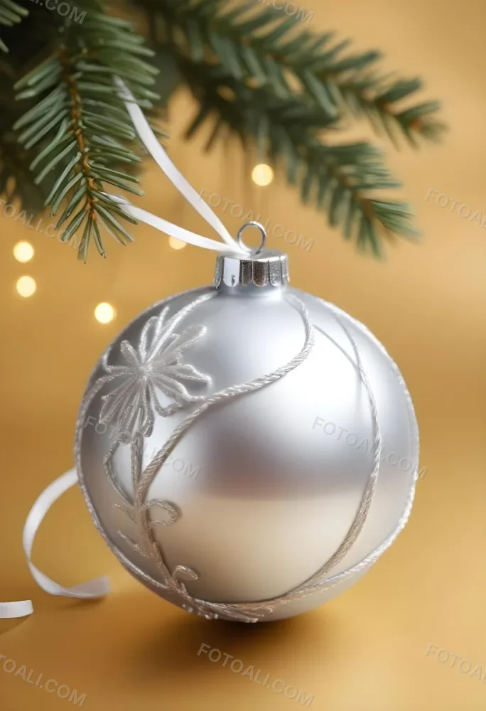 A Silver Christmas Ball Ornament With A White Top And A White String Isolated On A Golden Background 8 A156