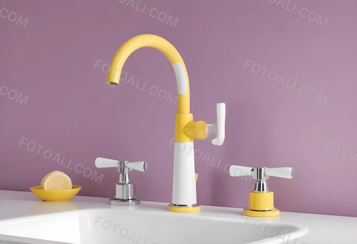 A Silver Faucet With White Handles Over A Yellow Sink In A Yellow Bathroom The Faucet Is Flexible And Has A Modern Design 1 Bf8b