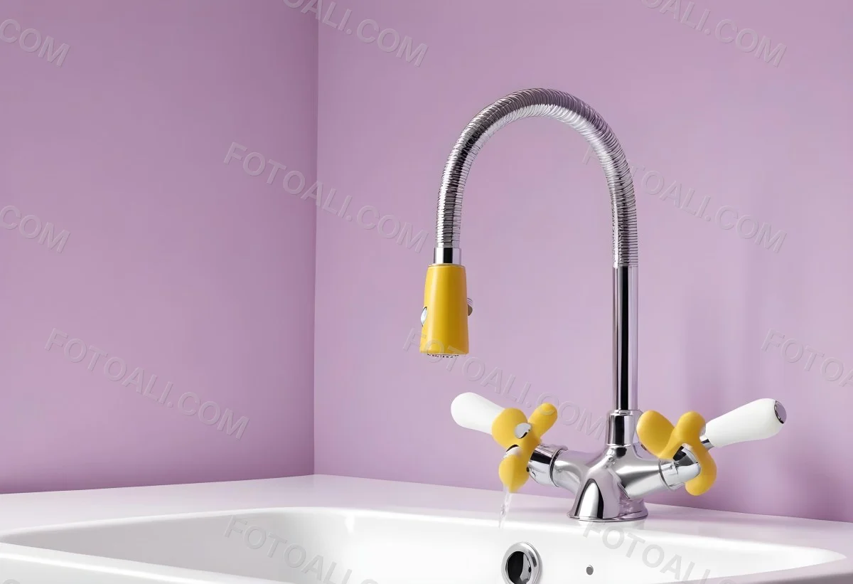 A Silver Faucet With White Handles Over A Yellow Sink In A Yellow Bathroom The Faucet Is Flexible And Has A Modern Design 10 D87e